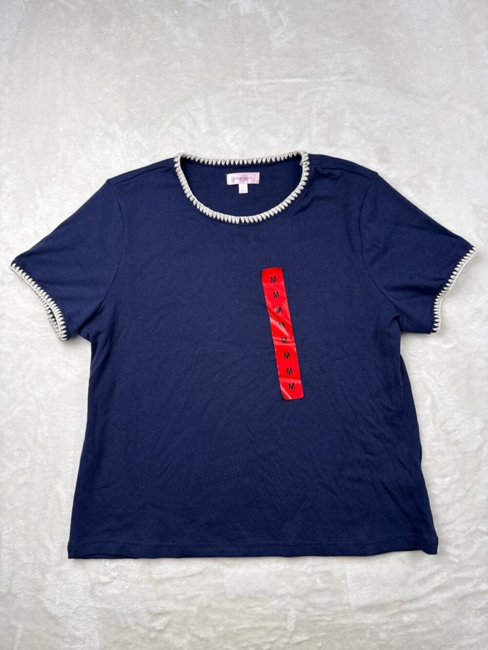 Teddi Rose Womens Navy & White Embroidered Trim Short Sleeve Top Size L